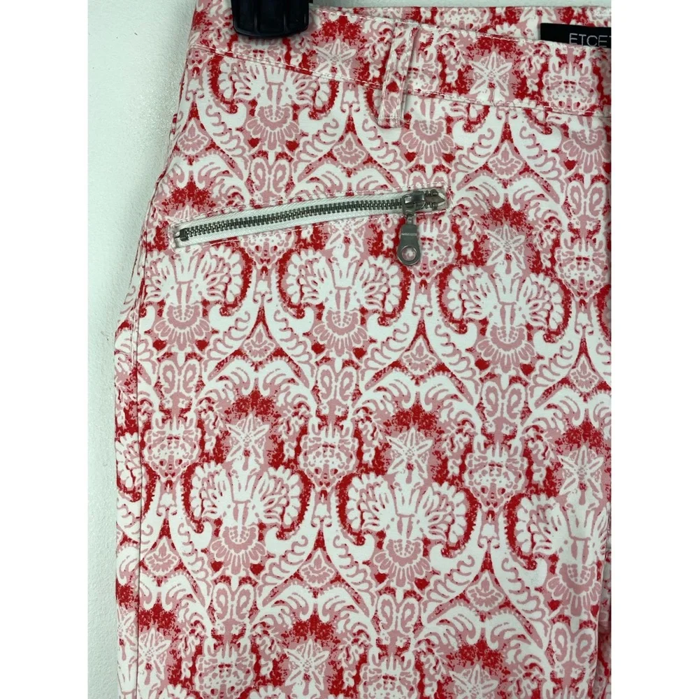 Etcetera size 2 Women's Pink Red White Print Zipper Pocket Skinny Pants
